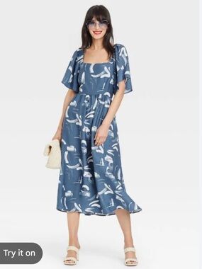 a new day Blue Painterly-Print Square-Neck Midi Dress